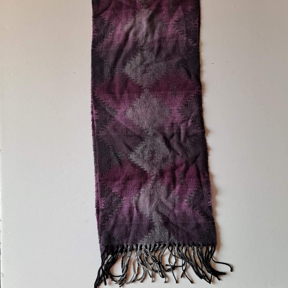 Purple Multi Inca / Aztec Pattern  Rectangular Scarf w Fringes - Size 11" X 66" - Picture 4 of 5